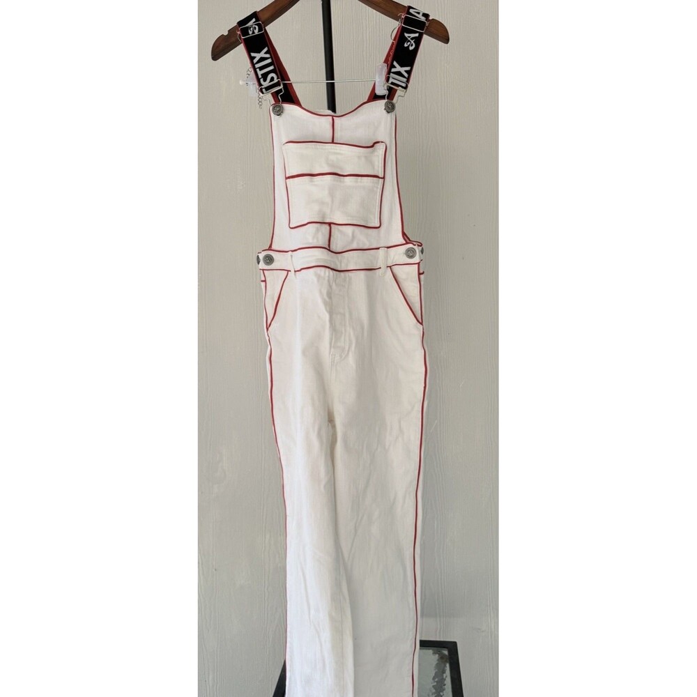 Artistix Women’s L White Denim Overalls Jumpsuit Red Trim Logo Straps Cotton